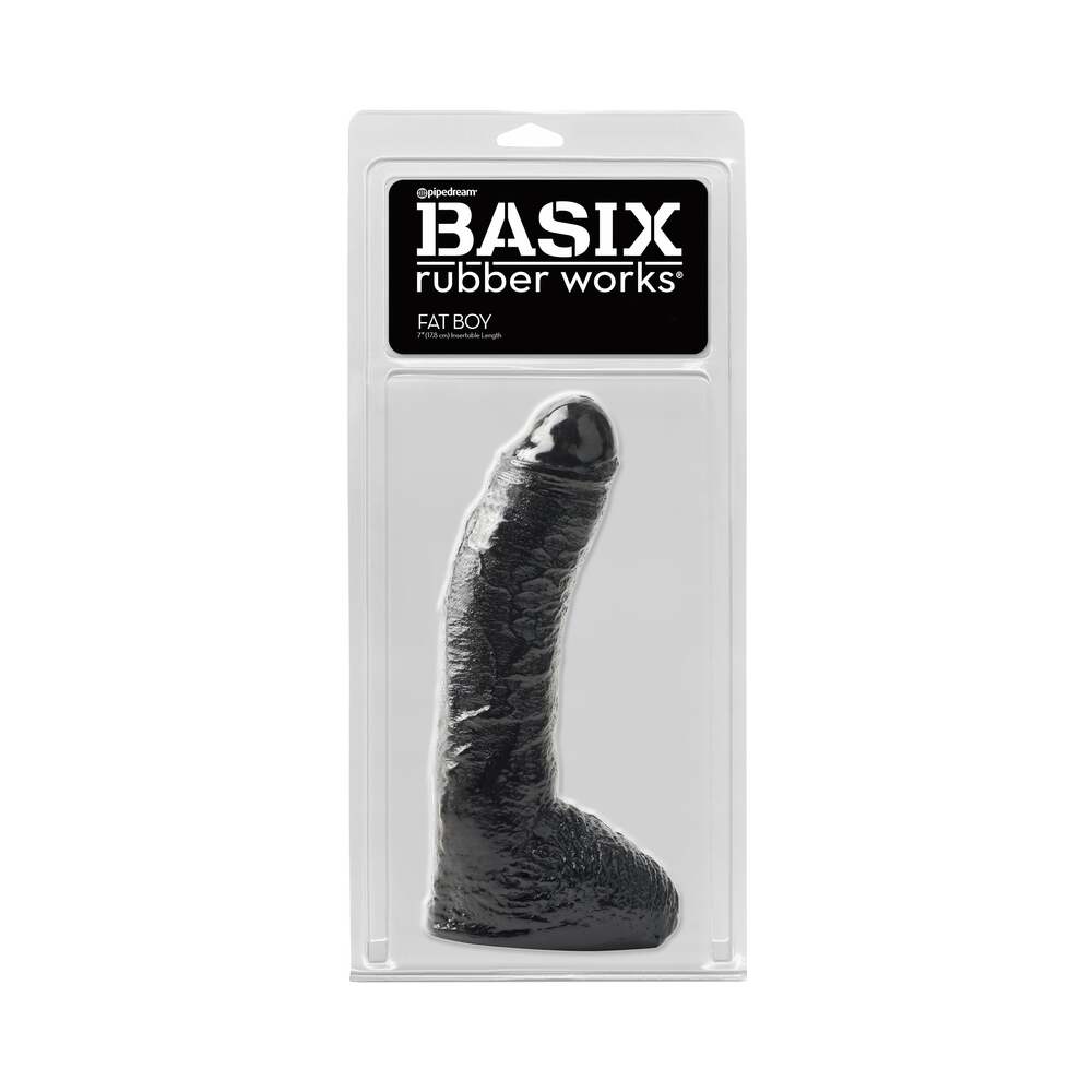 Pipedream Basix Rubber Works Fat Boy 10 in. Dildo With Balls Black - Red Garter