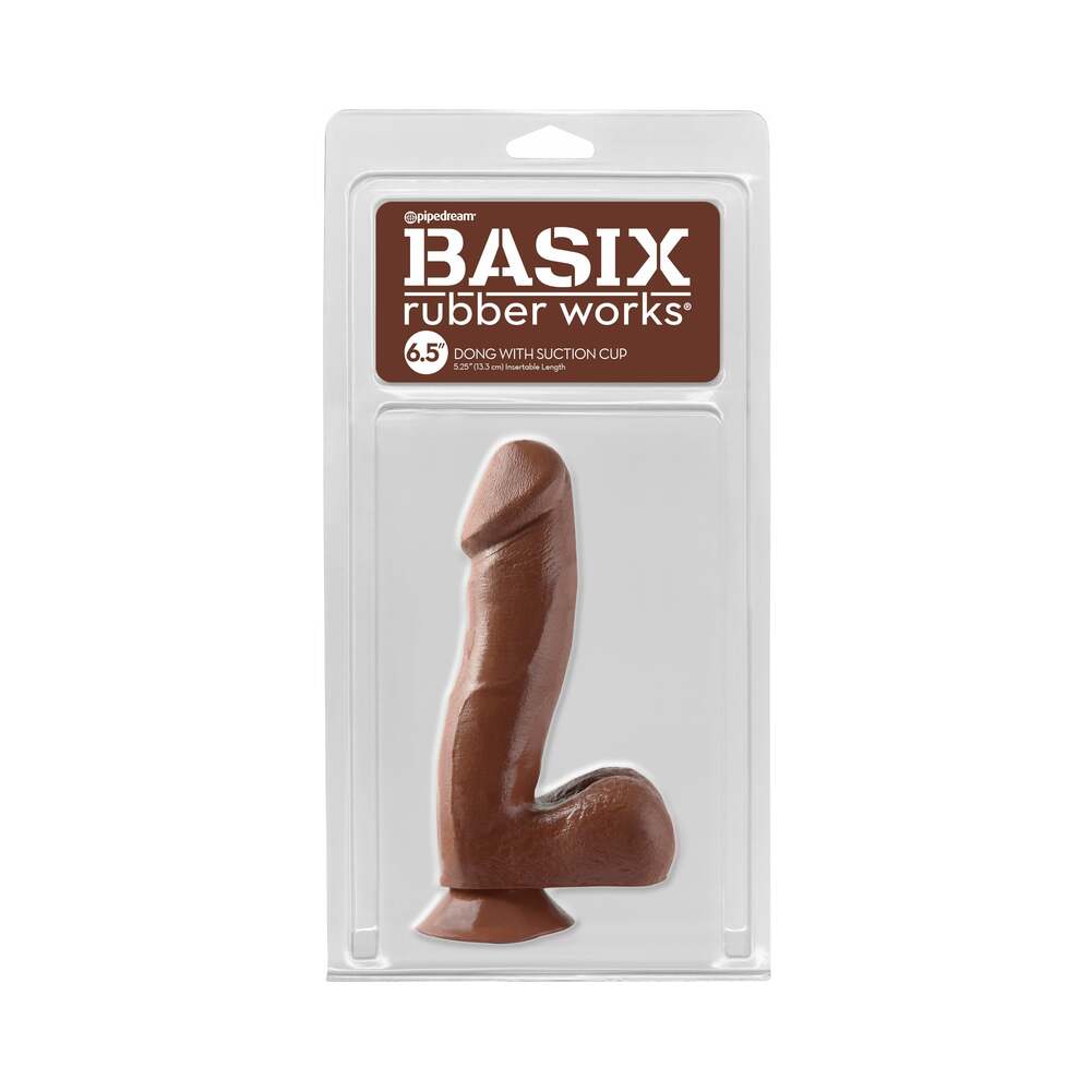 Pipedream Basix Rubber Works 6.5 in. Dong With Balls & Suction Cup Brown - Red Garter