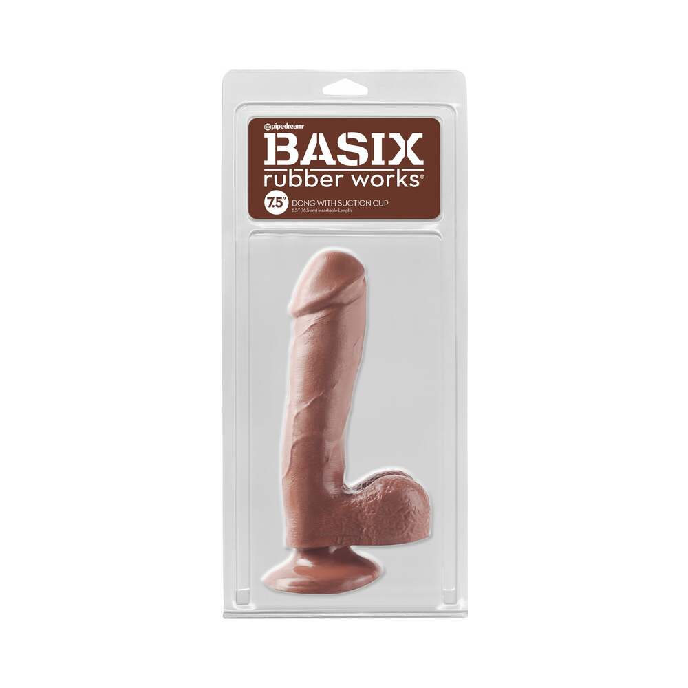 Pipedream Basix Rubber Works 7.5 in. Dong With Balls & Suction Cup Brown - Red Garter