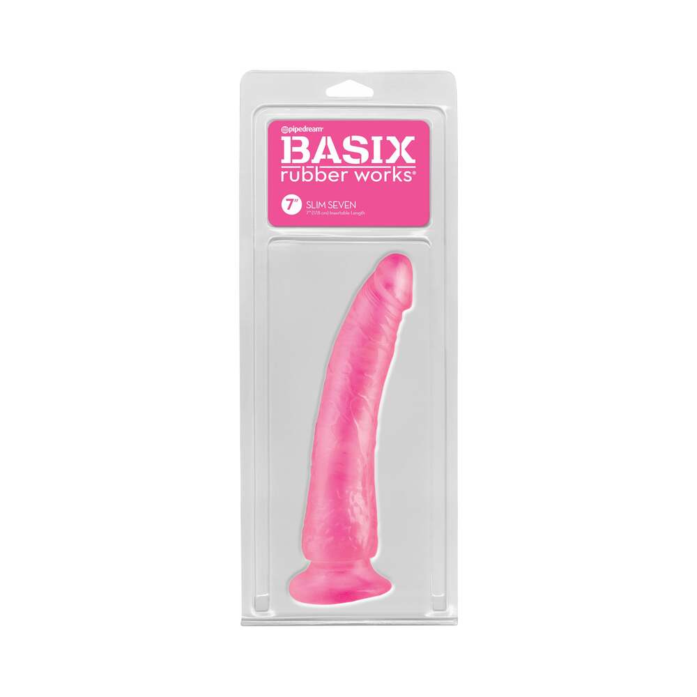 Pipedream Basix Rubber Works Slim Seven 7 in. Dildo With Suction Cup Pink - Red Garter