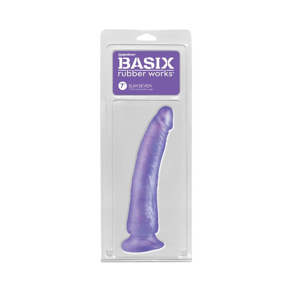 Pipedream Basix Rubber Works Slim Seven 7 in. Dildo With Suction Cup Purple - Red Garter