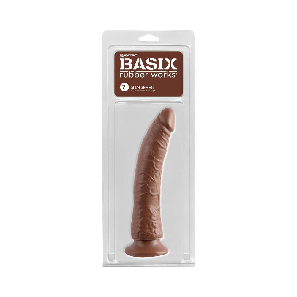 Pipedream Basix Rubber Works Slim Seven 7 in. Dildo With Suction Cup Brown - Red Garter