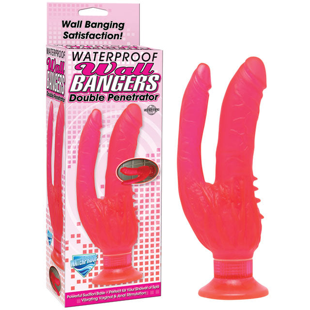 Pipedream Wall Bangers Double Penetrator Vibrator With Suction Cup Pink - Red Garter