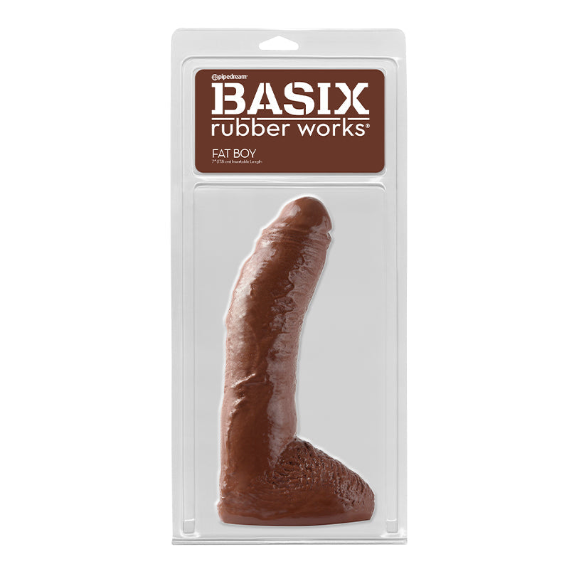 Pipedream Basix Rubber Works Fat Boy 10 in. Dildo With Balls Brown - Red Garter