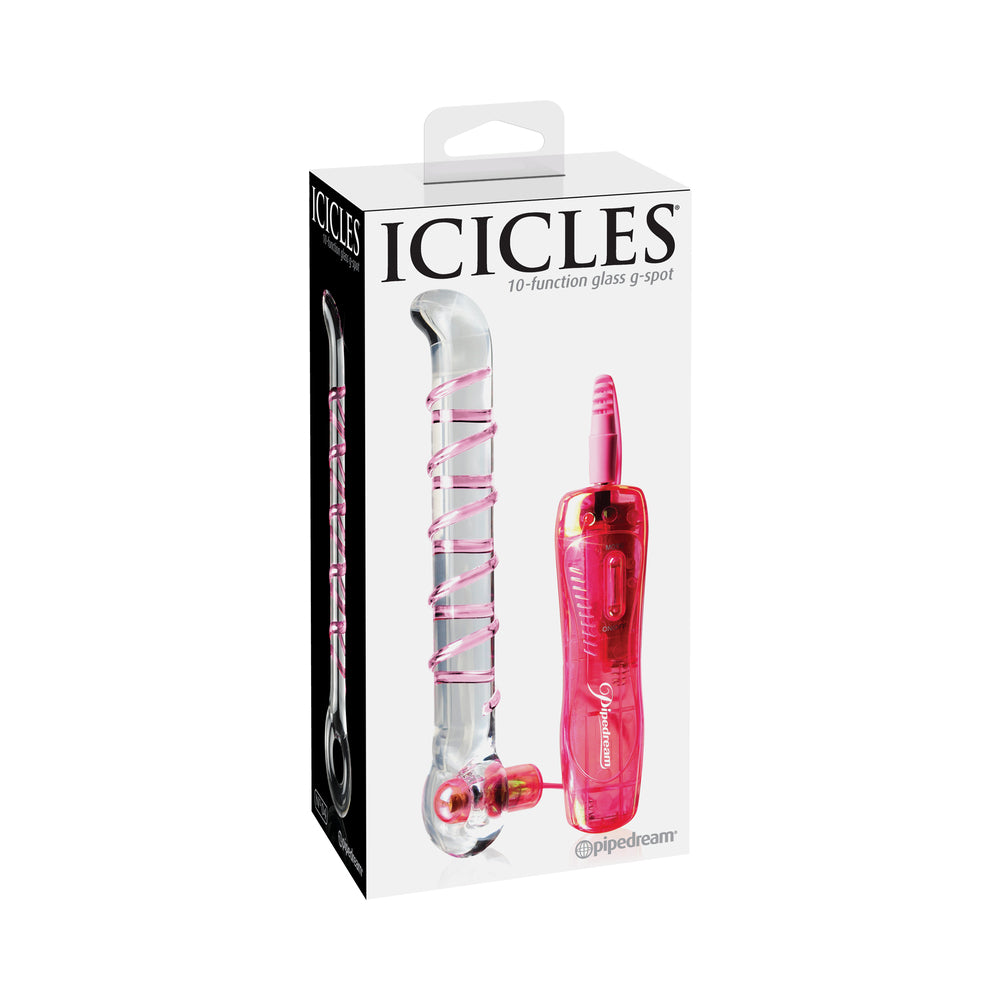 Pipedream Icicles No. 4 Remote-Controlled Vibrating Ribbed 7 in. Glass G-Spot Dildo Pink/Clear - Red Garter