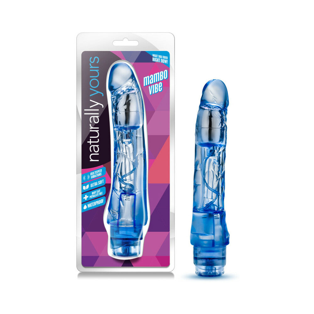 Naturally Yours Mambo Vibe Realistic 9 in. Vibrating Dildo Blue - Red Garter