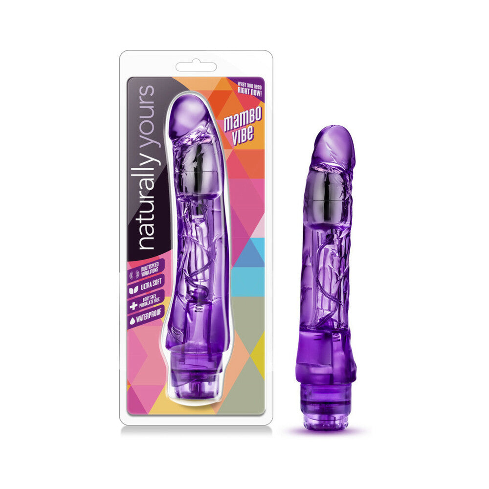 Naturally Yours Mambo Vibe Realistic 9 in. Vibrating Dildo Purple - Red Garter