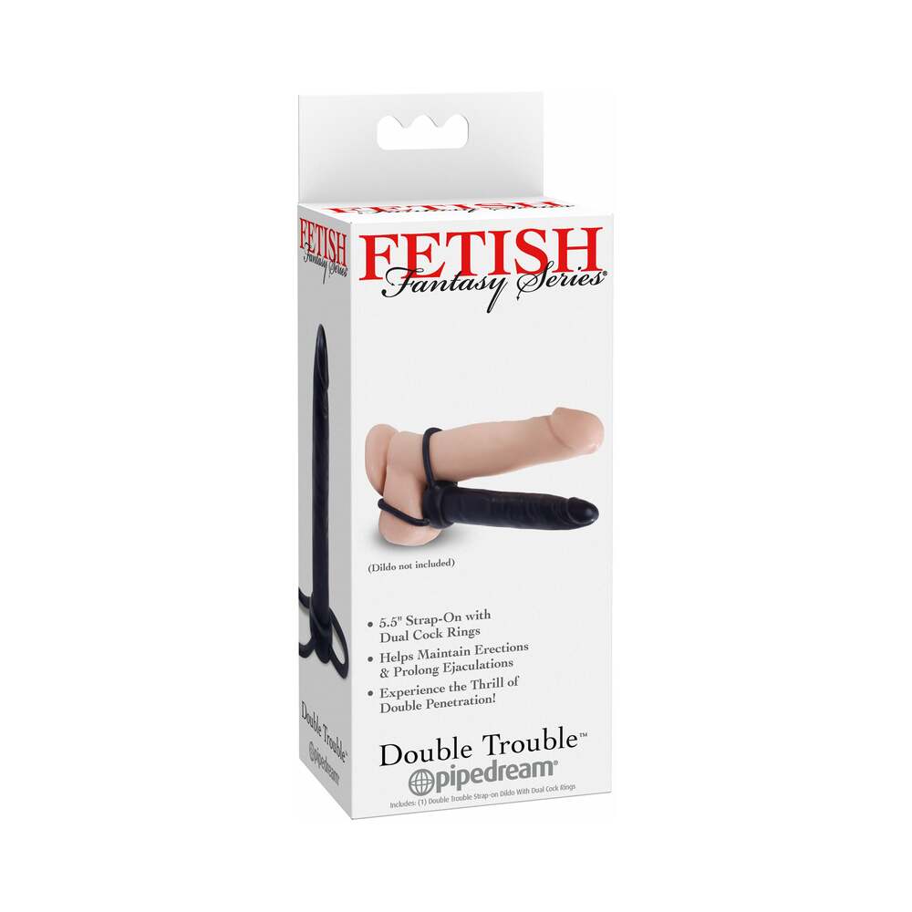Pipedream Fetish Fantasy Series Double Trouble Dual Cockring Strap-On With 5.5 in. Dildo Black - Red Garter