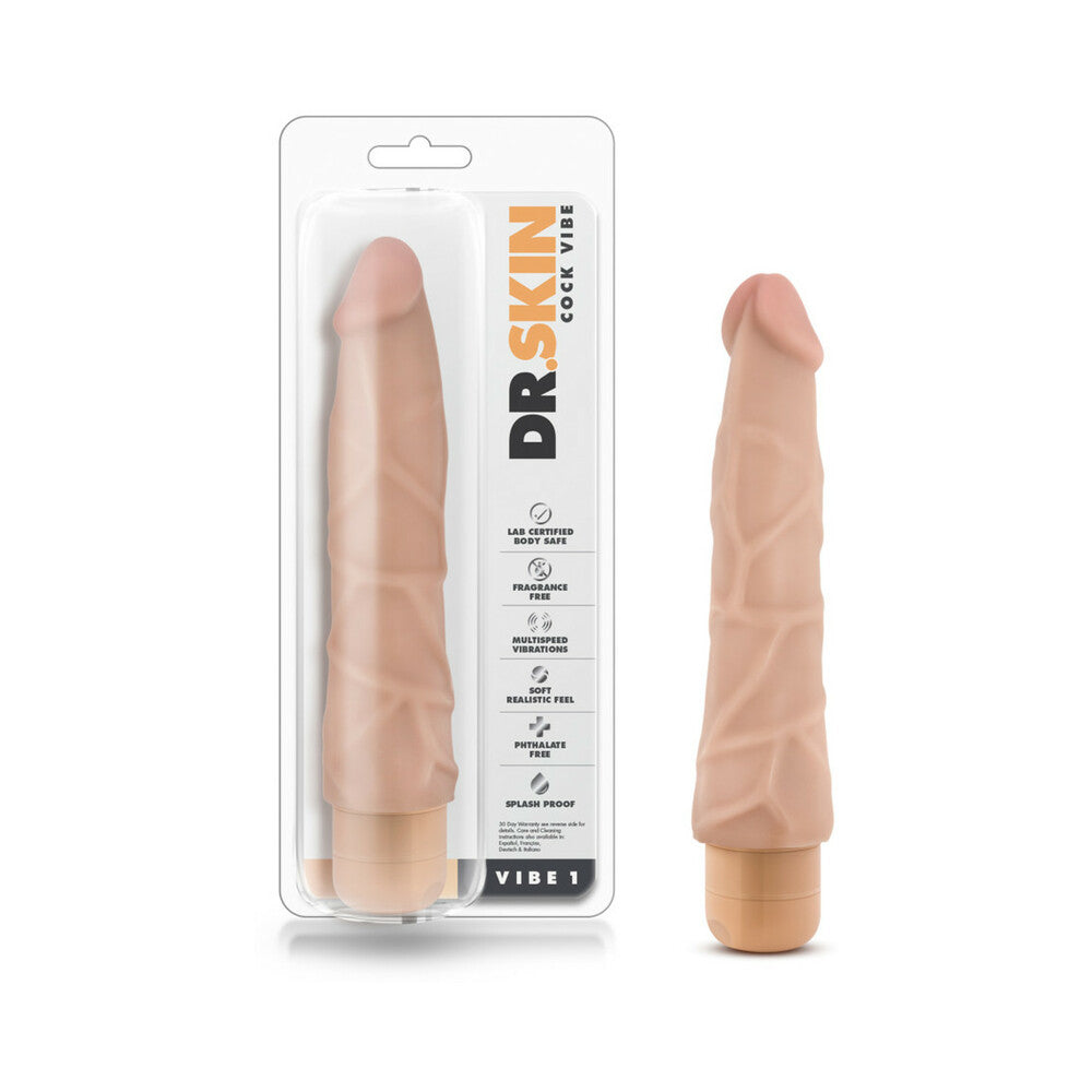 Dr. Skin Vibe 1 Realistic 9 in. Vibrating Dildo Beige - Red Garter