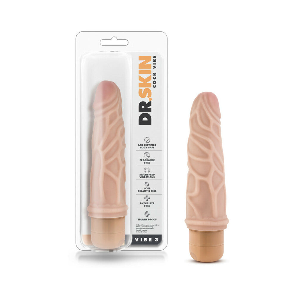 Dr. Skin Vibe 3 Realistic 7.25 in. Vibrating Dildo Beige - Red Garter