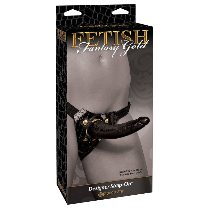 Pipedream Fetish Fantasy Gold Designer Strap-On With 7 in. Dildo Black - Red Garter