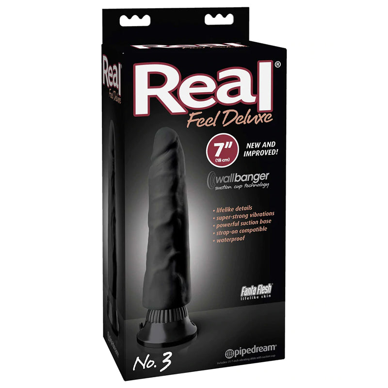 Pipedream Real Feel Deluxe No. 3 Realistic 7 in. Vibrating Dildo With Suction Cup Black - Red Garter