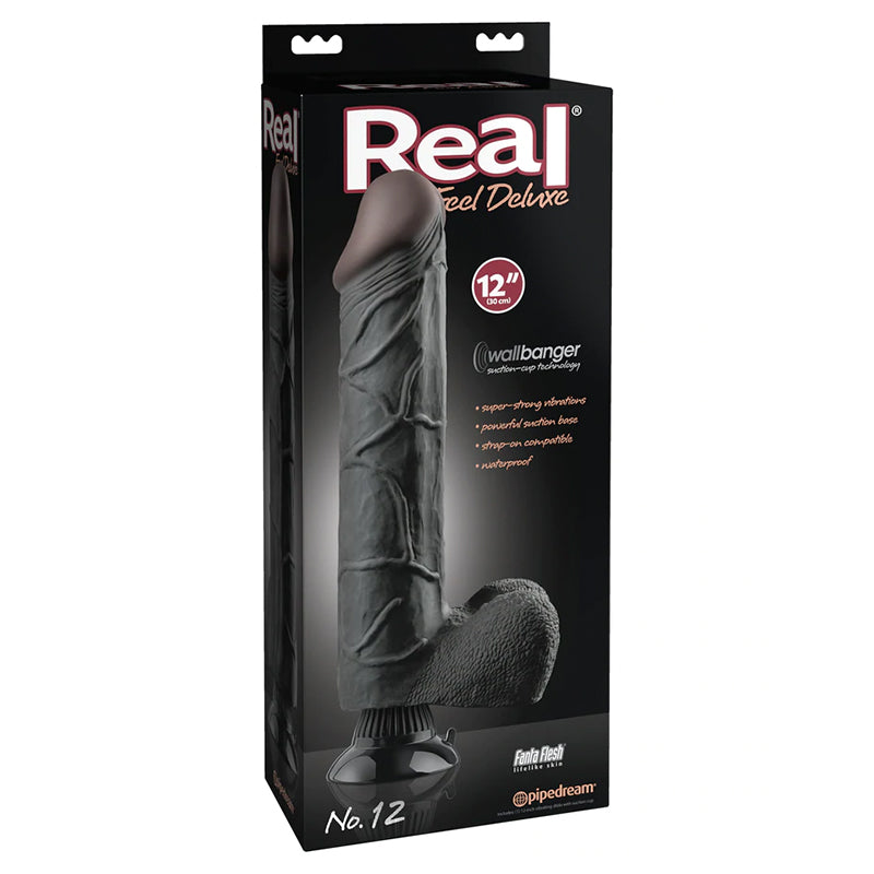 Pipedream Real Feel Deluxe No. 12 Realistic 12 in. Vibrating Dildo With Balls and Suction Cup Black - Red Garter