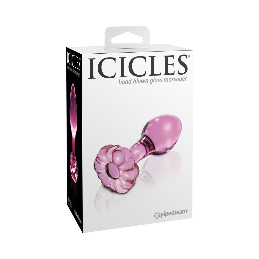 Pipedream Icicles No. 48 Glass 3.5 in. Anal Plug With Flower Base Pink - Red Garter