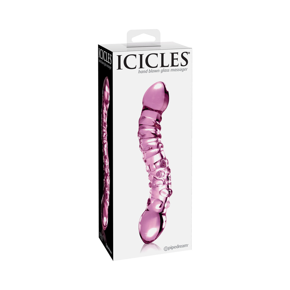 Pipedream Icicles No. 55 Curved Textured 7.75 in. Dual-Ended Glass Dildo Pink - Red Garter
