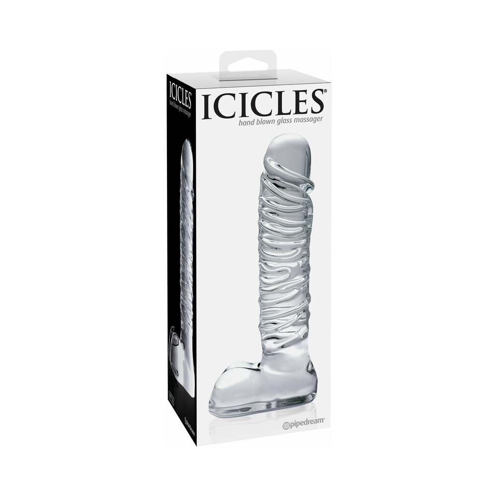 Pipedream Icicles No. 63 Ribbed Realistic 8.5 in. Glass Dildo Clear - Red Garter