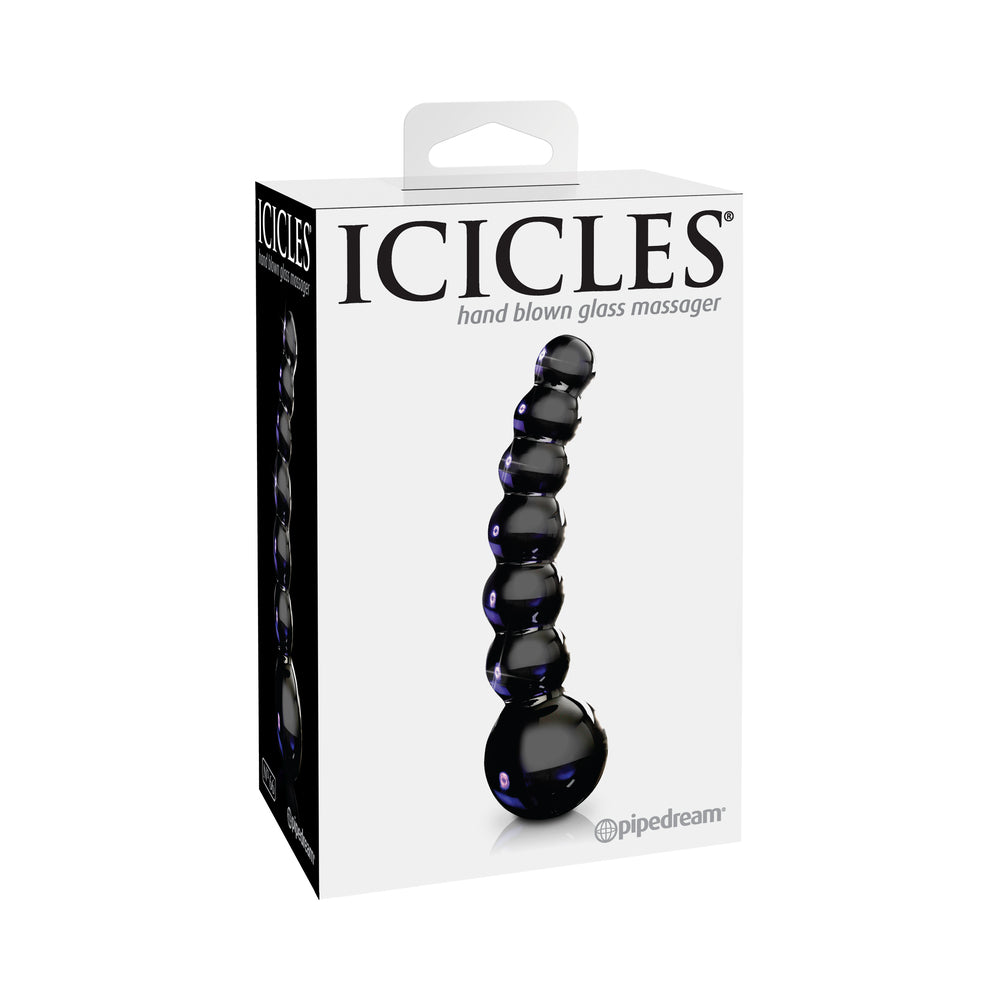 Pipedream Icicles No. 66 Curved Beaded 4.75 in. Glass Dildo Black - Red Garter