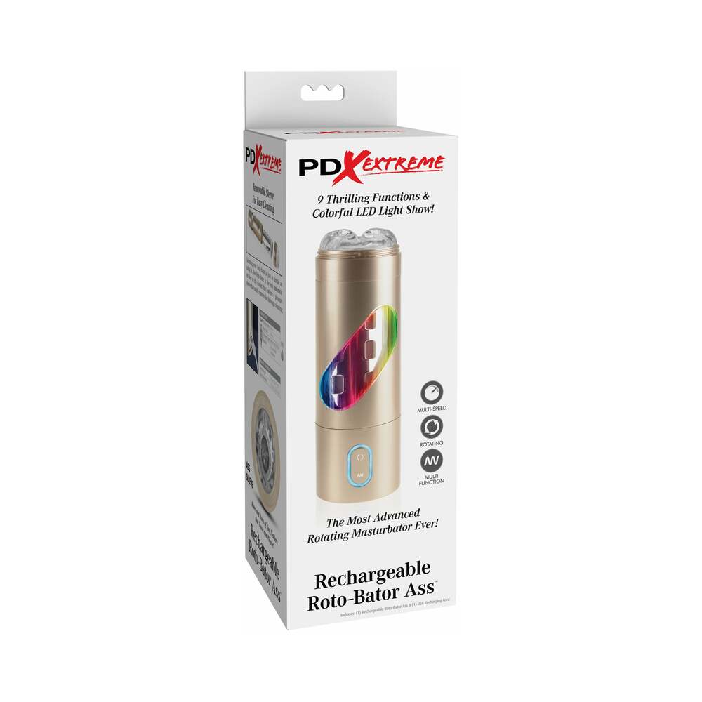 PDX Rechargeable Roto-Bator Ass Light-Up Rotating Stroker Clear/Gold - Red Garter