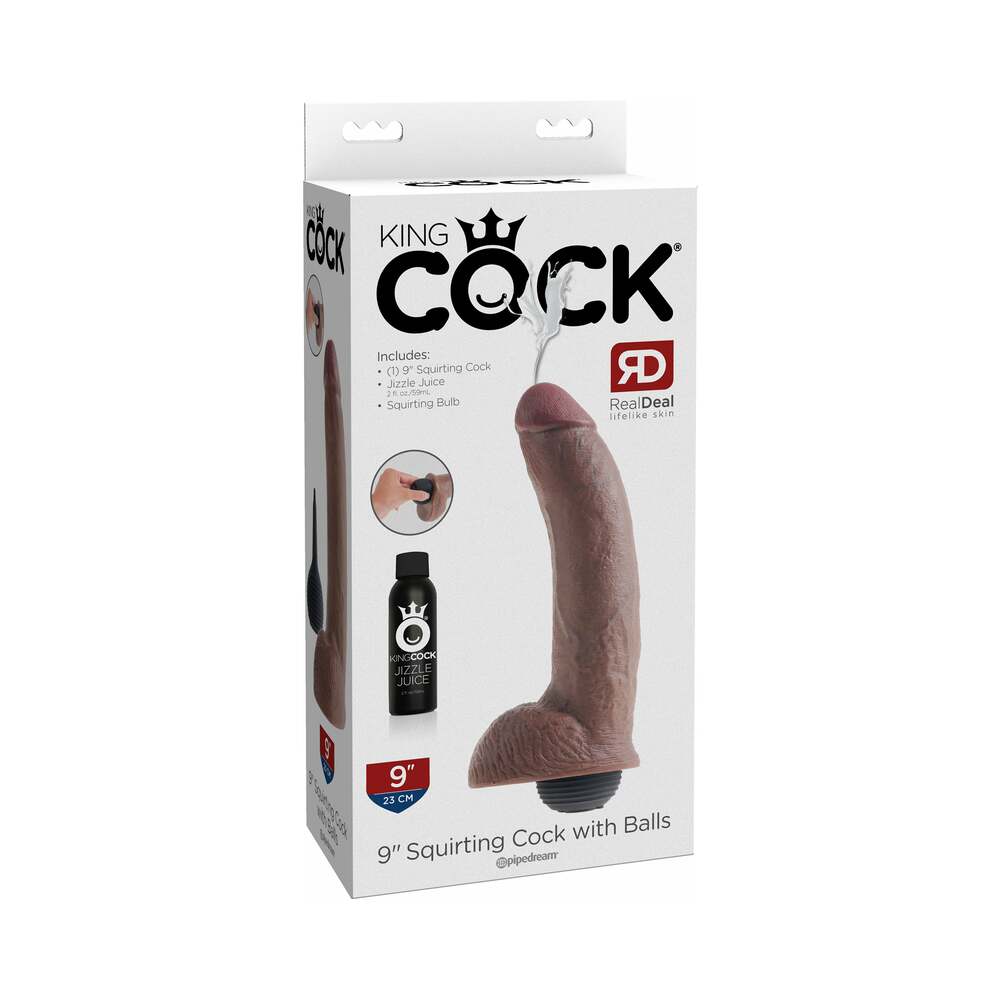 Pipedream King Cock 9 in. Squirting Cock With Balls Realistic Dildo Brown - Red Garter