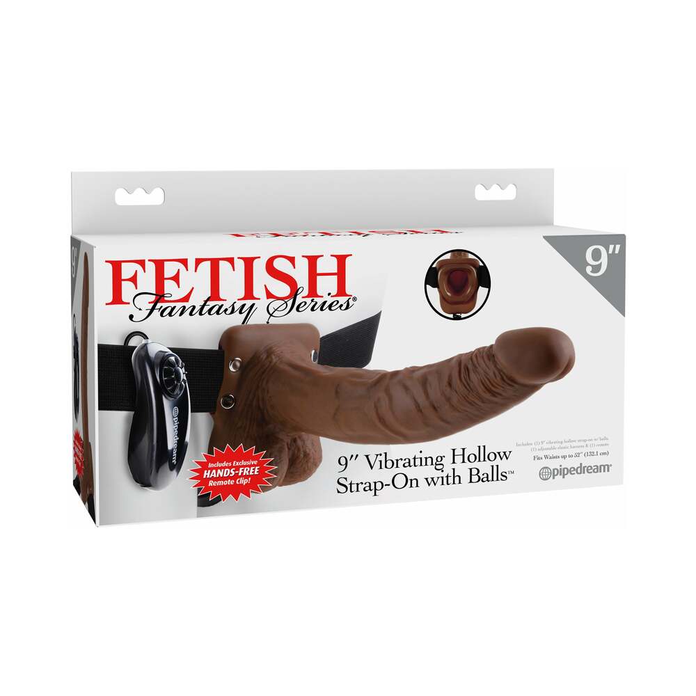 Pipedream Fetish Fantasy Series 9 in. Vibrating Hollow Strap-On with Balls Brown/Black - Red Garter