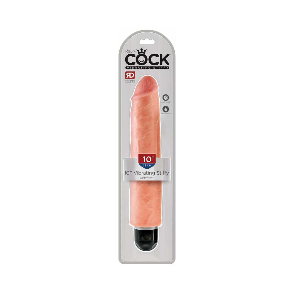 Pipedream King Cock 10 in. Vibrating Stiffy Realistic Dildo Beige - Red Garter