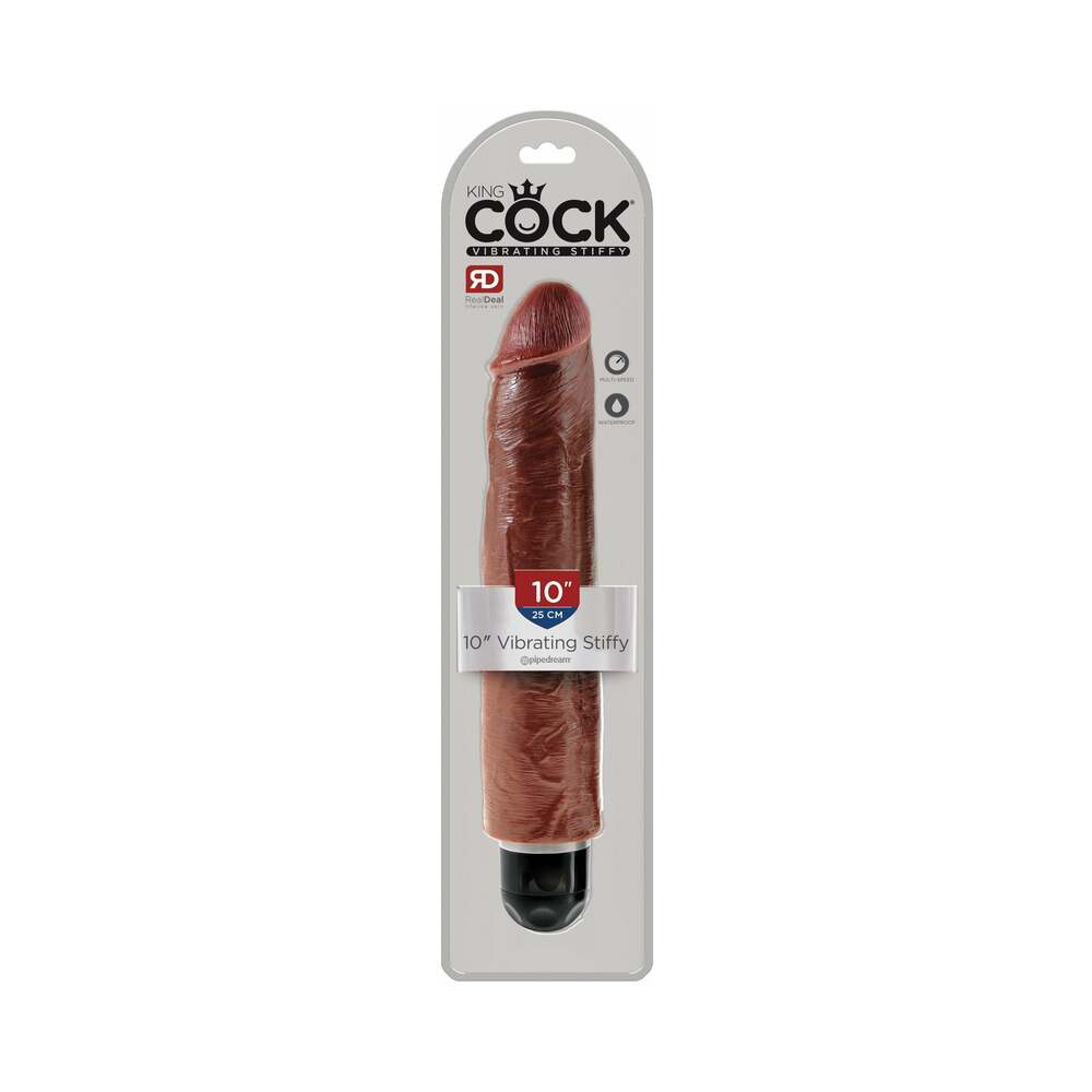 Pipedream King Cock 10 in. Vibrating Stiffy Realistic Dildo Brown - Red Garter