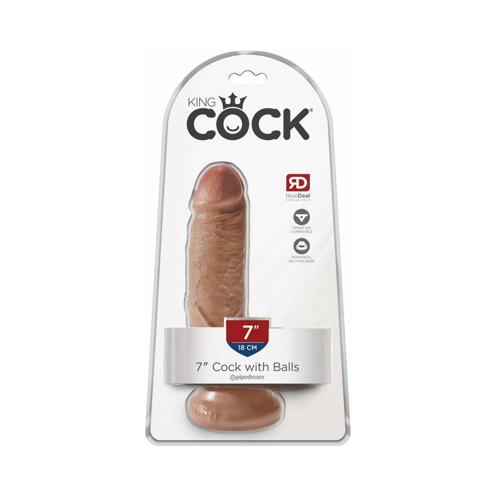 Pipedream King Cock 7 in. Cock With Balls Realistic Suction Cup Dildo Tan - Red Garter