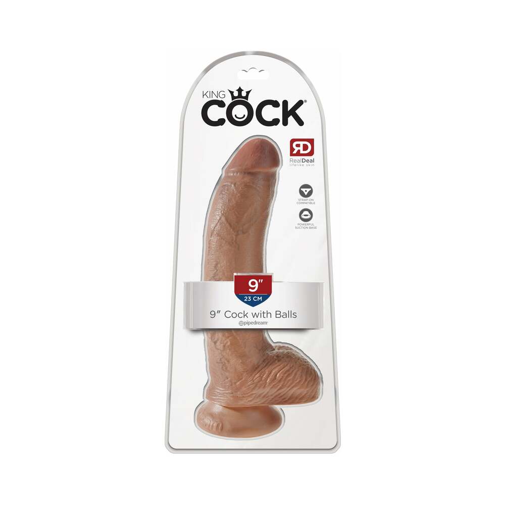 Pipedream King Cock 9 in. Cock With Balls Realistic Suction Cup Dildo Tan - Red Garter