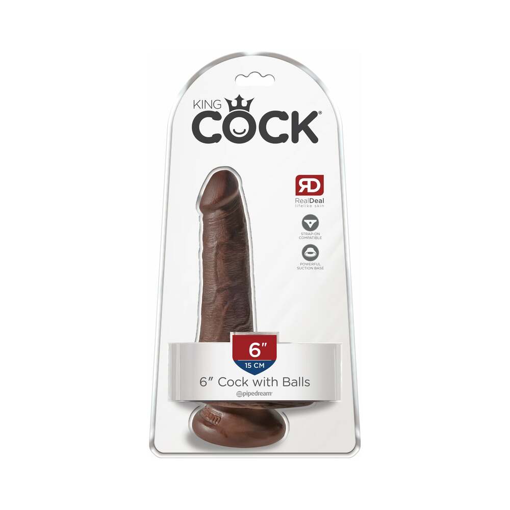 Pipedream King Cock 6 in. Cock With Balls Realistic Suction Cup Dildo Brown - Red Garter