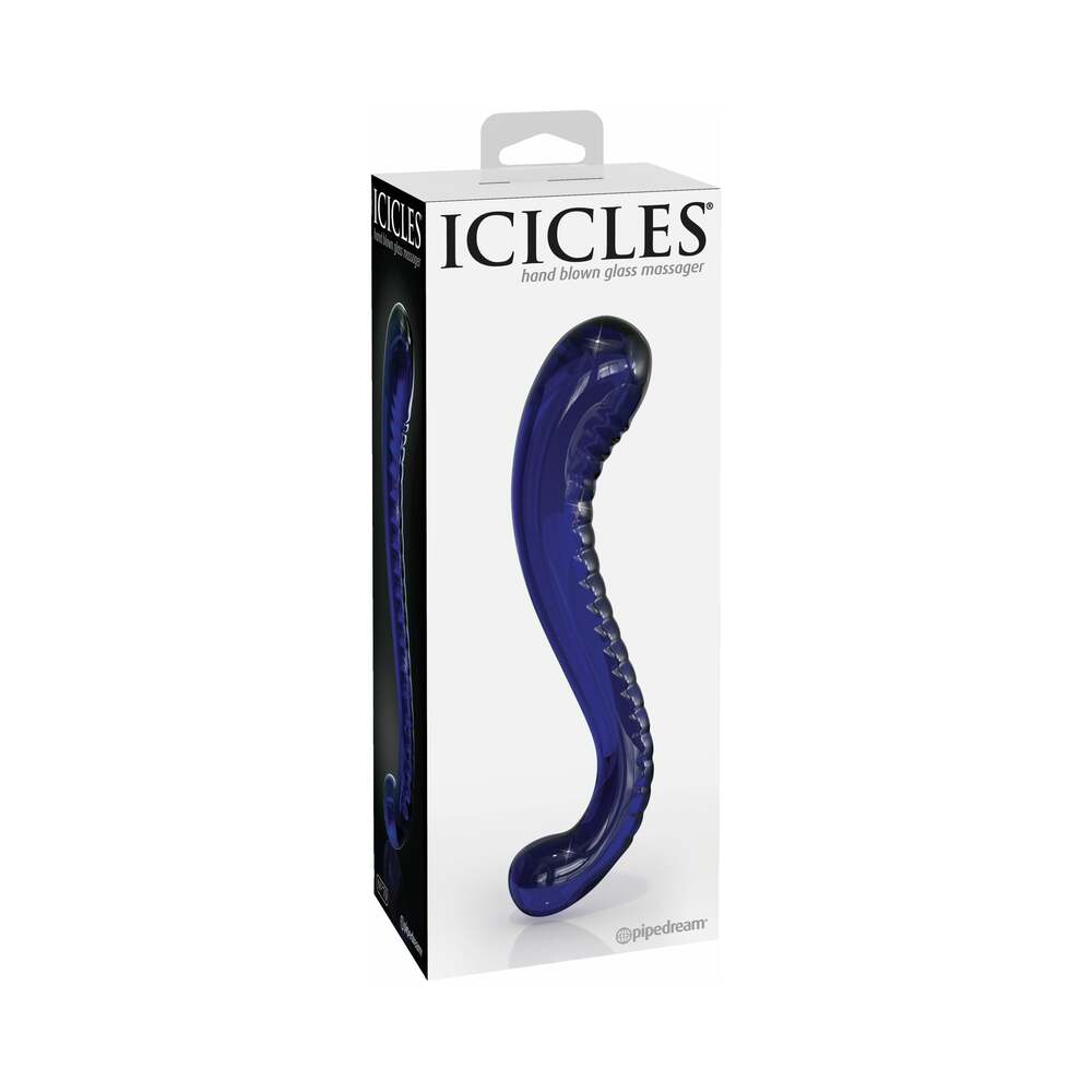 Pipedream Icicles No. 70 Curved Dual-Ended Glass Dildo Blue - Red Garter