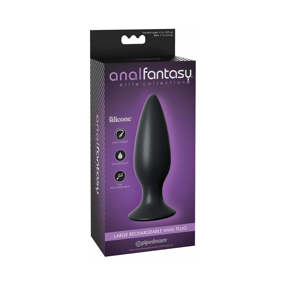 Pipedream Anal Fantasy Elite Collection Large Rechargeable Vibrating Silicone Anal Plug Black - Red Garter