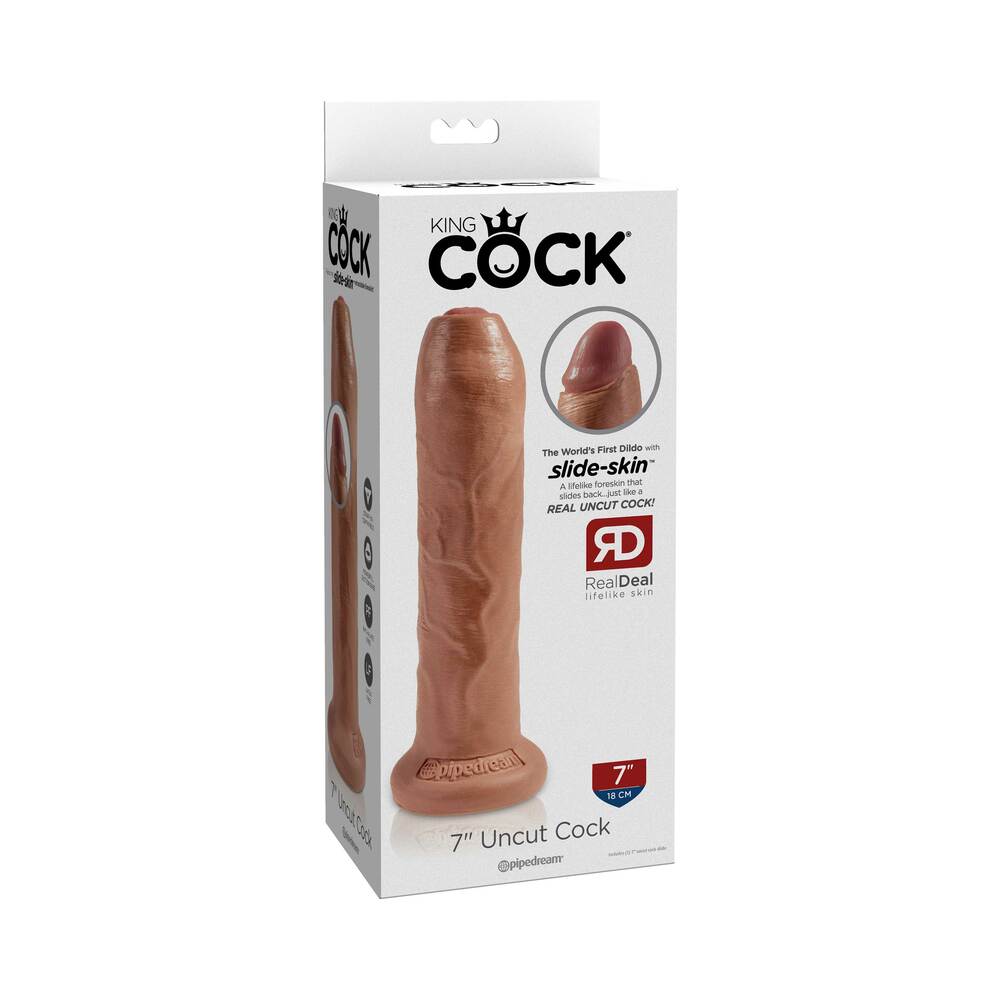 Pipedream King Cock 7 in. Uncut Cock Realistic Dildo With Moveable Foreskin & Suction Cup Tan - Red Garter