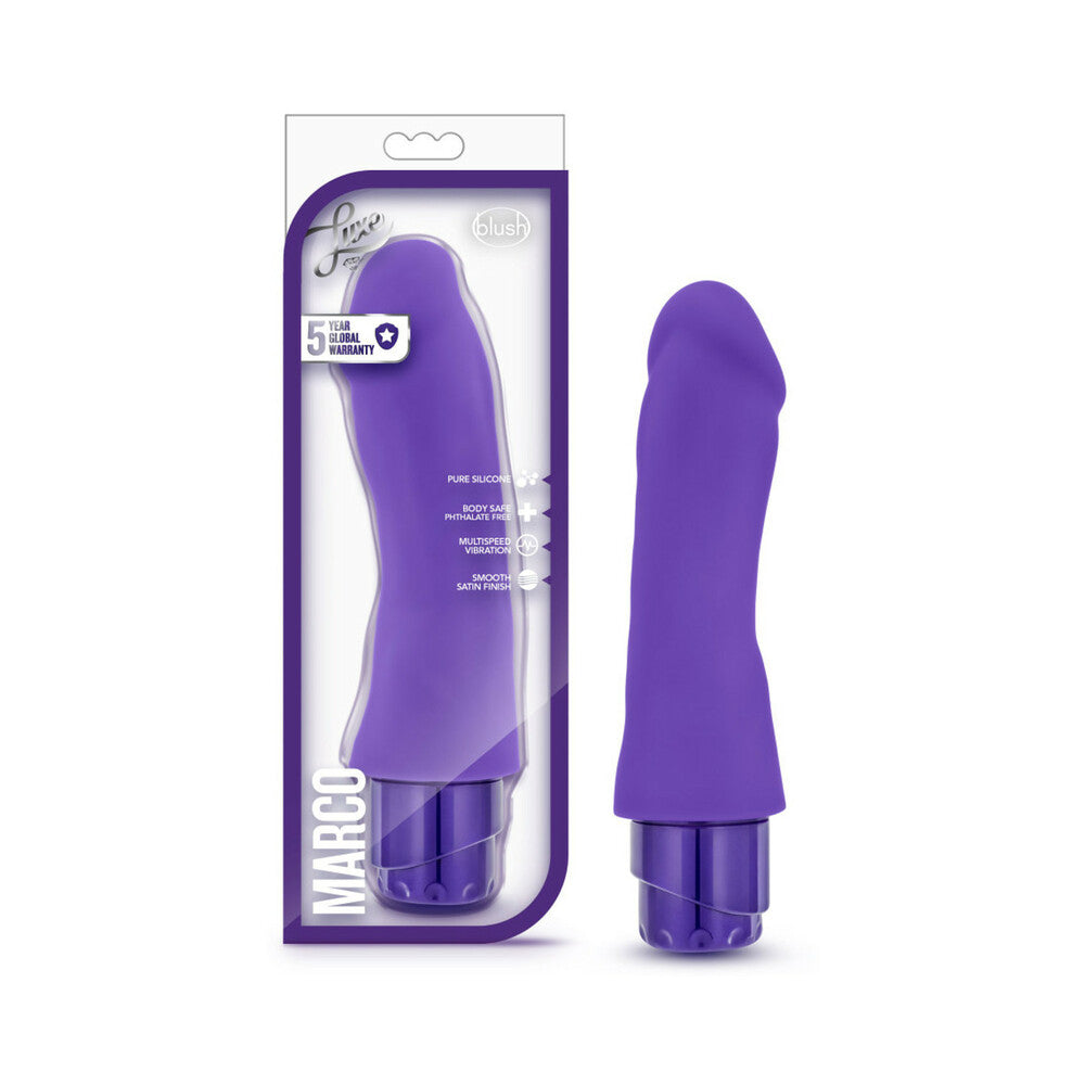 Luxe Marco 7.75 in. Silicone Vibrating Dildo Purple - Red Garter
