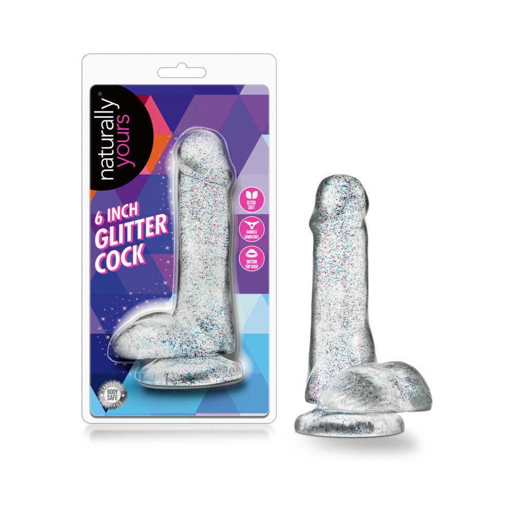 Naturally Yours 6 in. Glitter Cock Realistic Dildo with Balls Sparkling Clear - Red Garter
