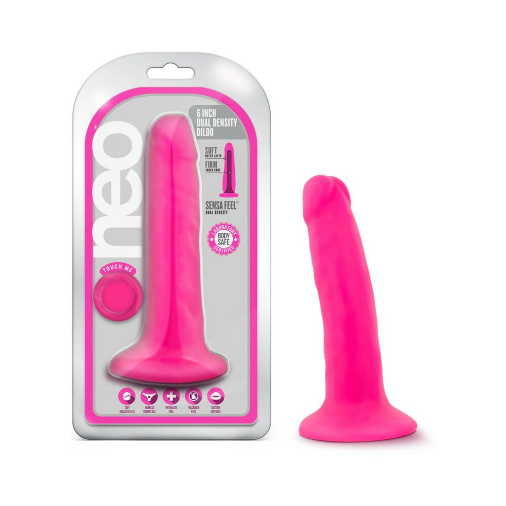 Neo 6 in. Dual Density Dildo Neon Pink - Red Garter