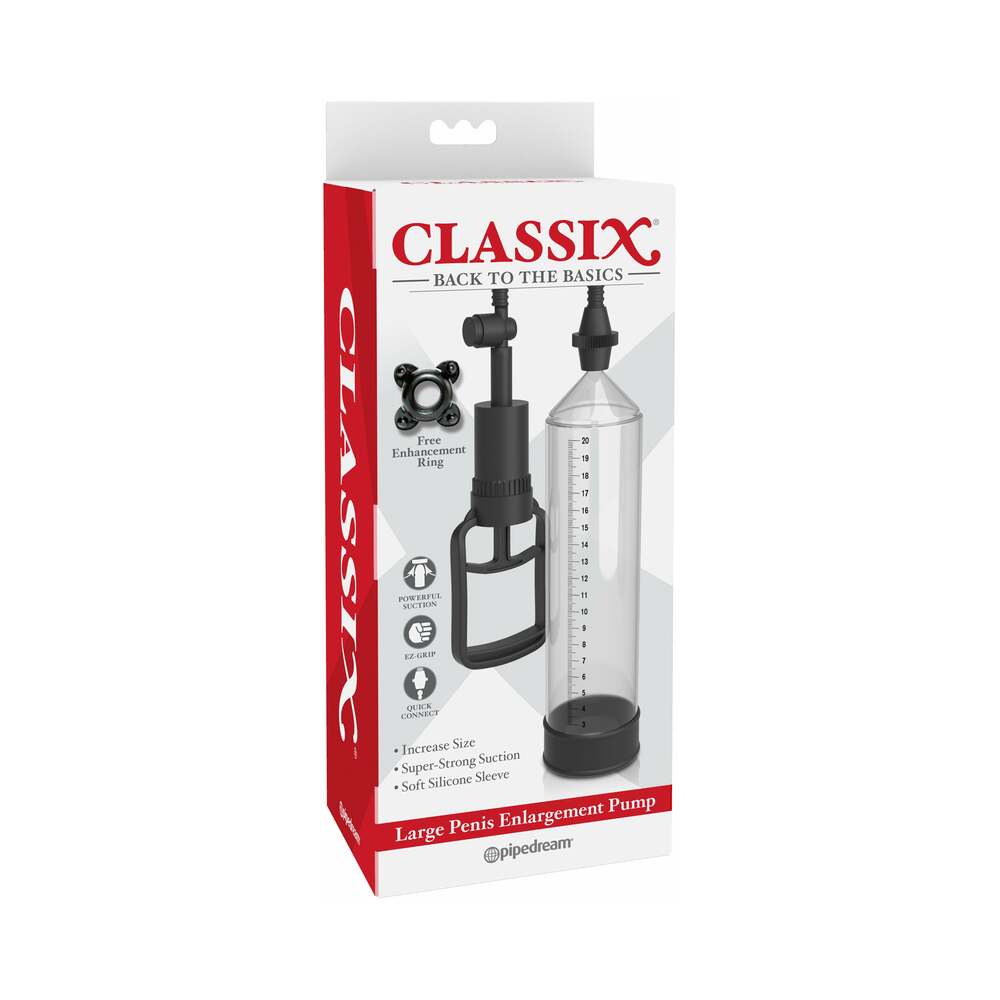 Pipedream Classix Large Penis Enlargement Pump Clear/Black - Red Garter