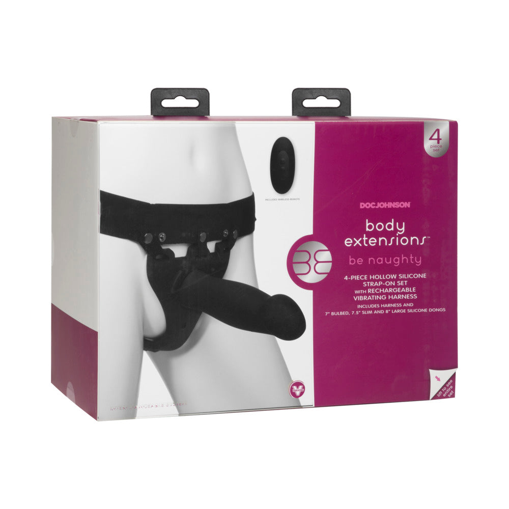 Body Extensions Hollow Strap-On 4-Piece Set with Clitoral Vibrator Black - Red Garter