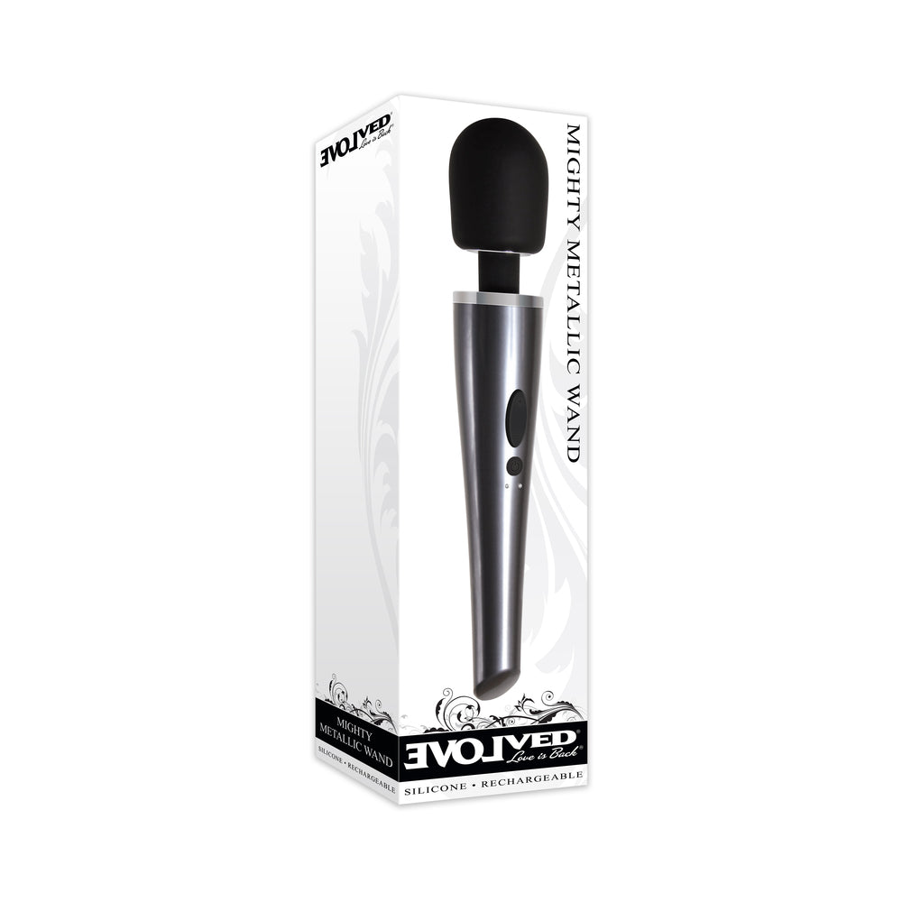 Evolved Mighty Metallic Wand Rechargeable Silicone Wand Vibrator Chrome/Black - Red Garter
