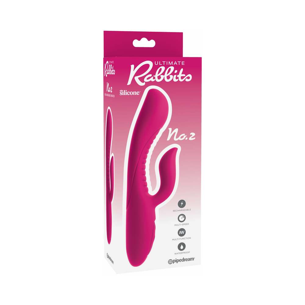 Pipedream Ultimate Rabbits No. 2 Rechargeable Silicone Dual Stimulation Vibrator Fuchsia - Red Garter