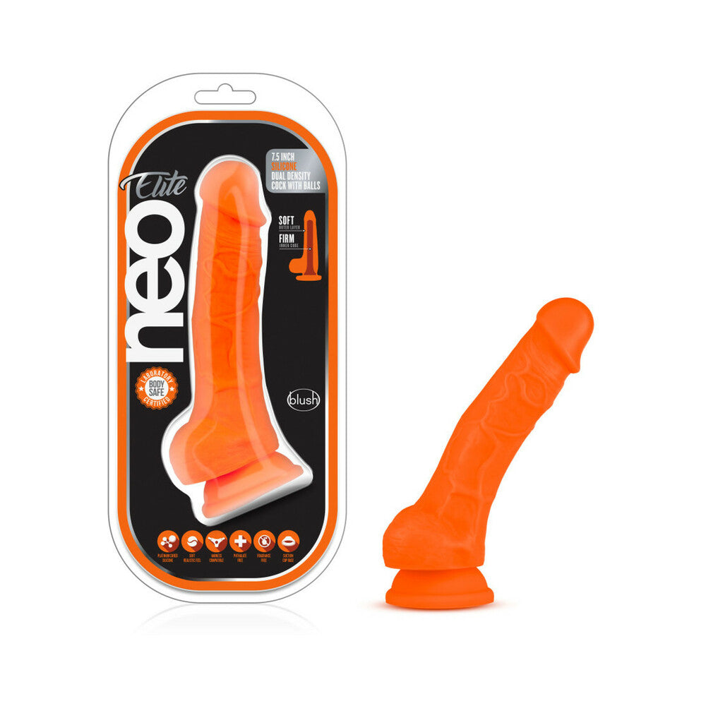 Neo Elite 7.5 in. Silicone Dual Density Dildo with Balls Neon Orange - Red Garter