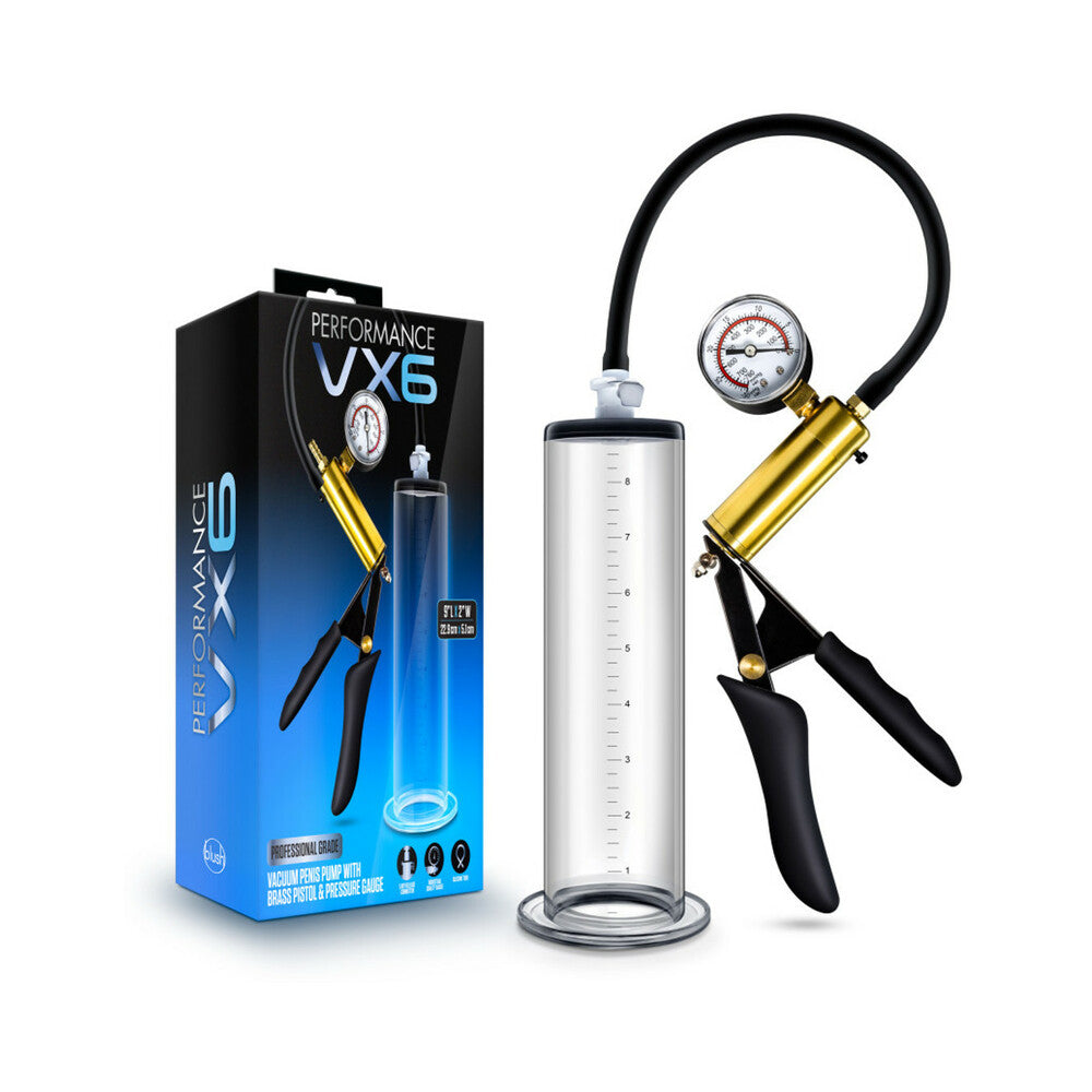 Blush Performance VX6 Vacuum Penis Pump with Brass Pistol & Pressure Gauge Clear - Red Garter