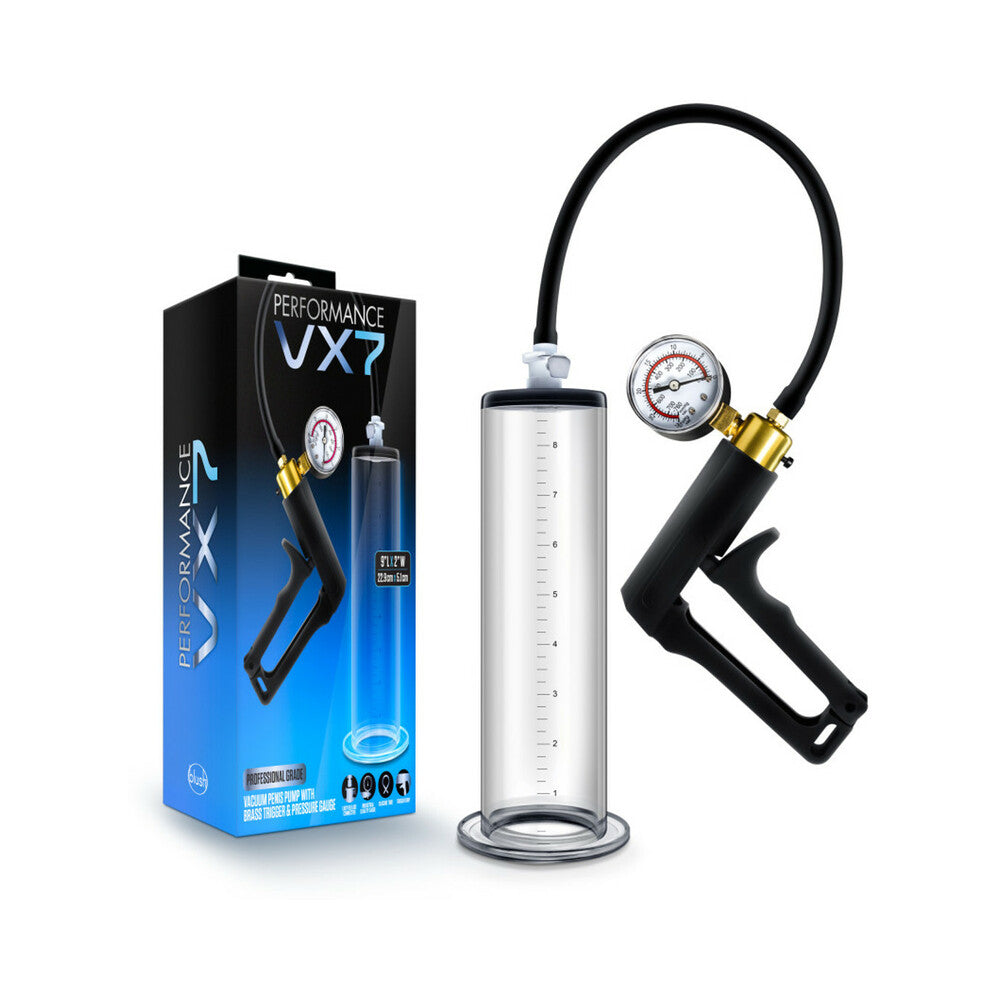 Blush Performance VX7 Vacuum Penis Pump with Brass Trigger & Pressure Gauge Clear - Red Garter