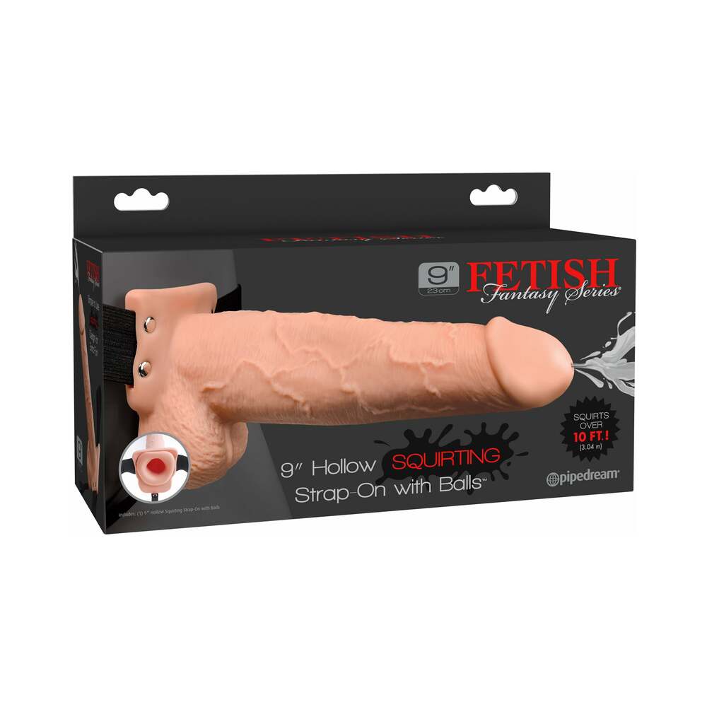 Pipedream Fetish Fantasy Series 9 in. Hollow Squirting Strap-On With Balls Beige/Black - Red Garter