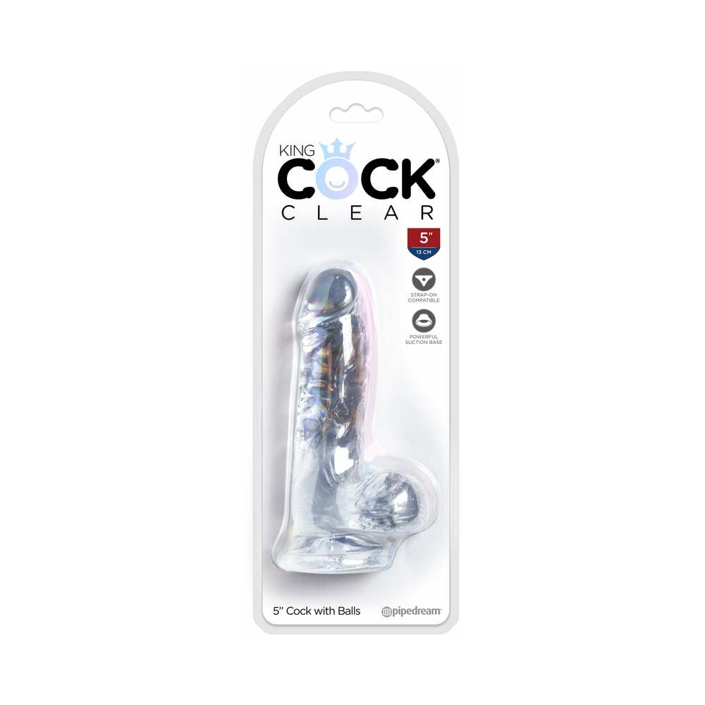 Pipedream King Cock Clear 5 in. Cock With Balls Realistic Suction Cup Dildo - Red Garter