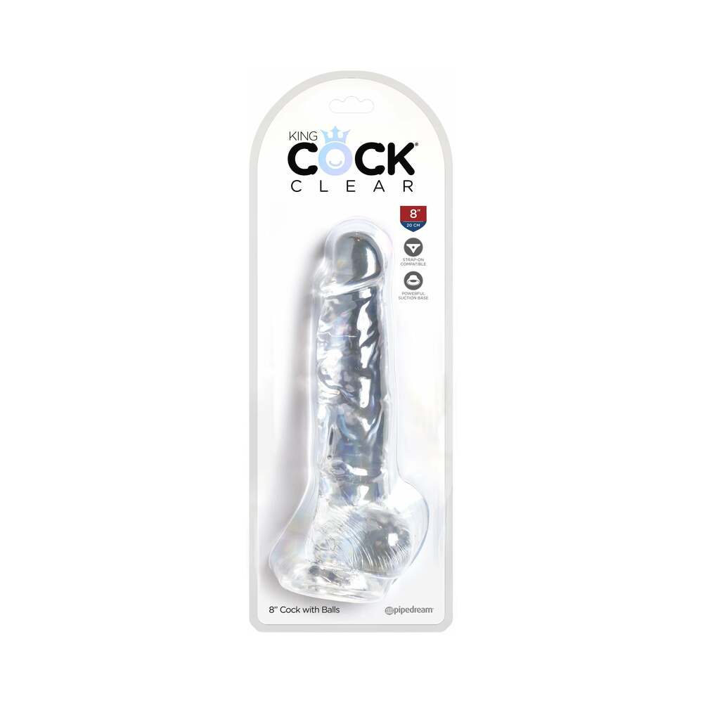 Pipedream King Cock Clear 8 in. Cock With Balls Realistic Suction Cup Dildo - Red Garter