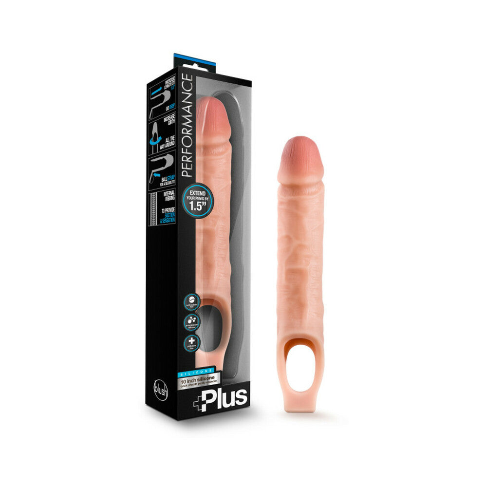 Blush Performance Plus 10 in. Silicone Cock Sheath Penis Extender Sling Beige - Red Garter