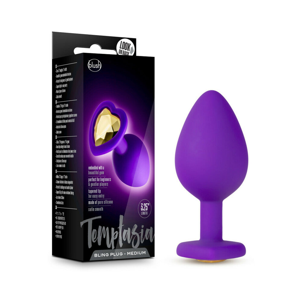 Temptasia Bling Anal Plug with Heart-Shaped Gem Base Medium Purple - Red Garter
