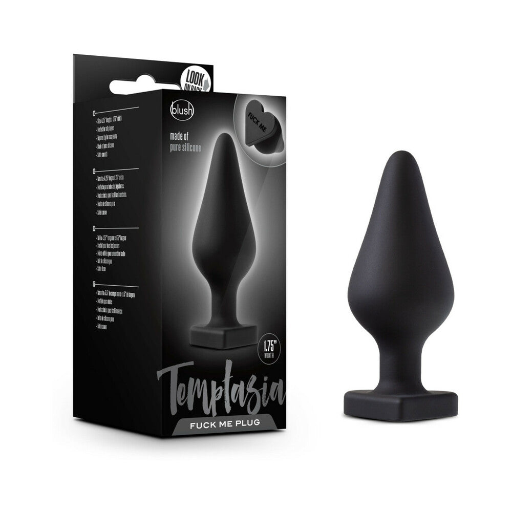 Blush Temptasia ''Fuck Me'' Silicone Anal Plug with Heart-Shaped Base Black - Red Garter