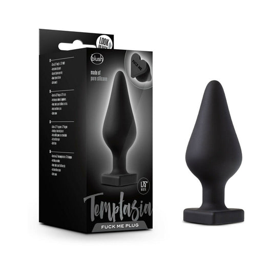 Blush Temptasia ''Fuck Me'' Silicone Anal Plug with Heart-Shaped Base Black - Red Garter
