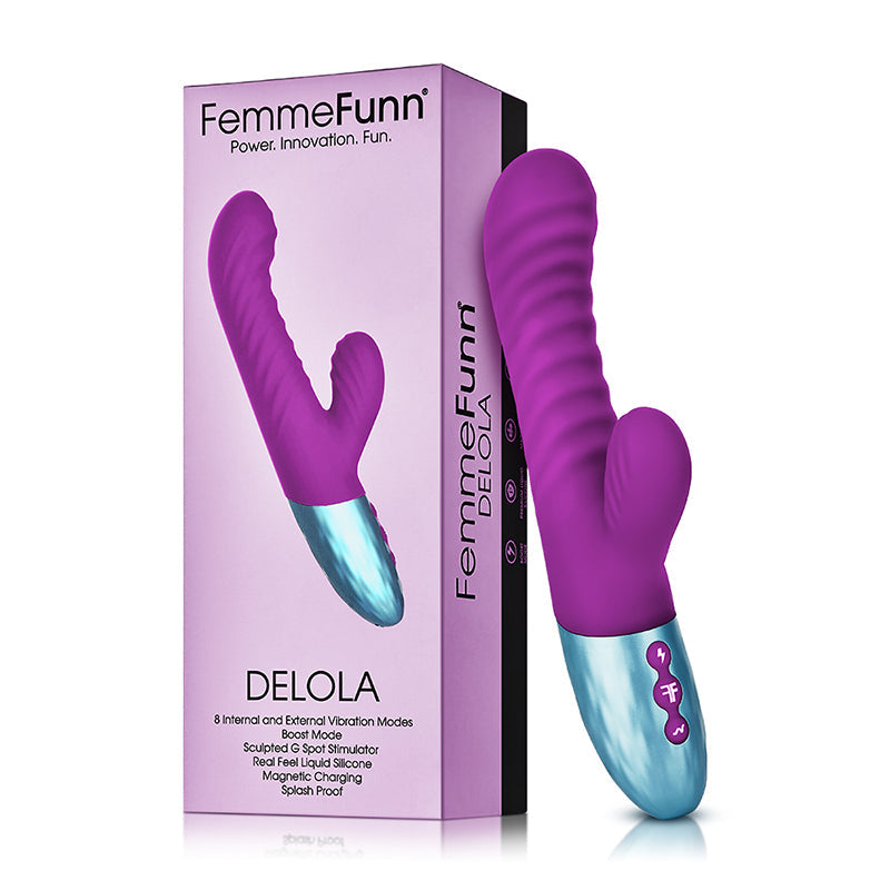 FemmeFunn Delola Rechargeable Silicone Dual Stimulation G-Spot Vibrator Purple - Red Garter
